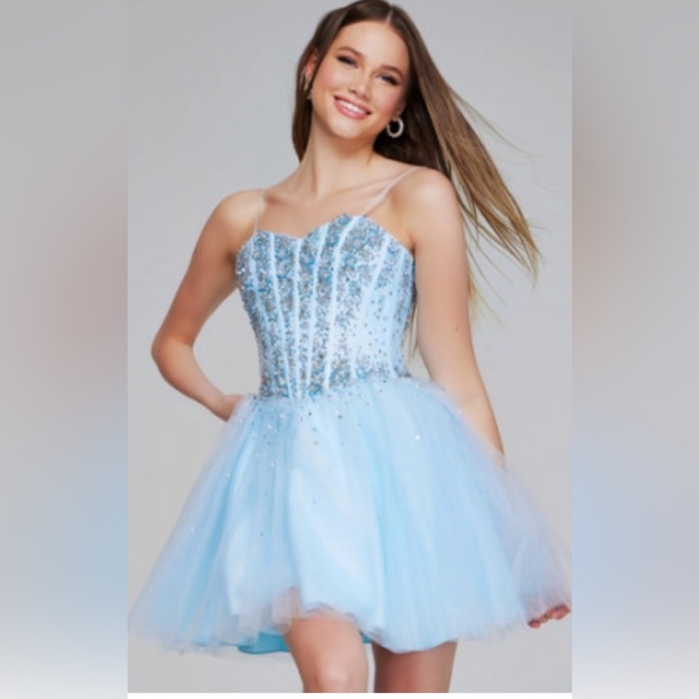 Jovani  Corset Glittering perk a boo sheer bodice Silver and Blue Dress 4